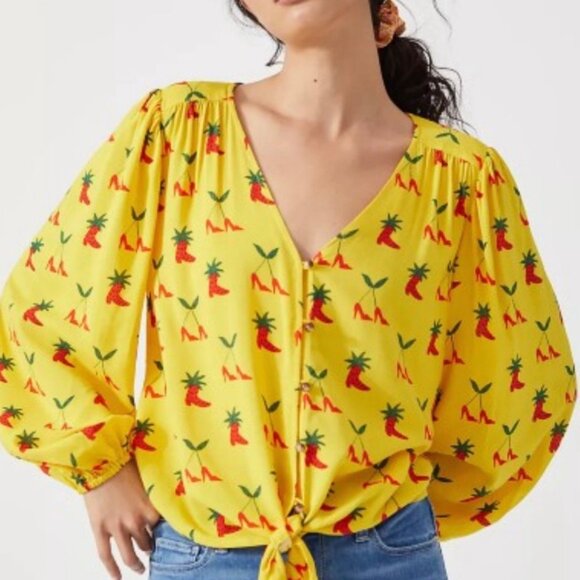 KENDRA DANDY for Anthropologie LS Blousy Top tie waist Strawberry Boots Sz 10 - Picture 11 of 11